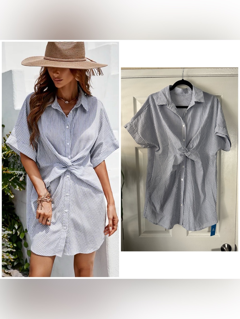 NEW Cupshe Analia Dolman Sleeve Stripe Shirt Collar Oversize Dress, Small